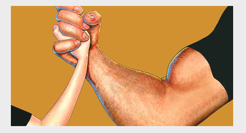 A weak arm arm wrestling a strong arm