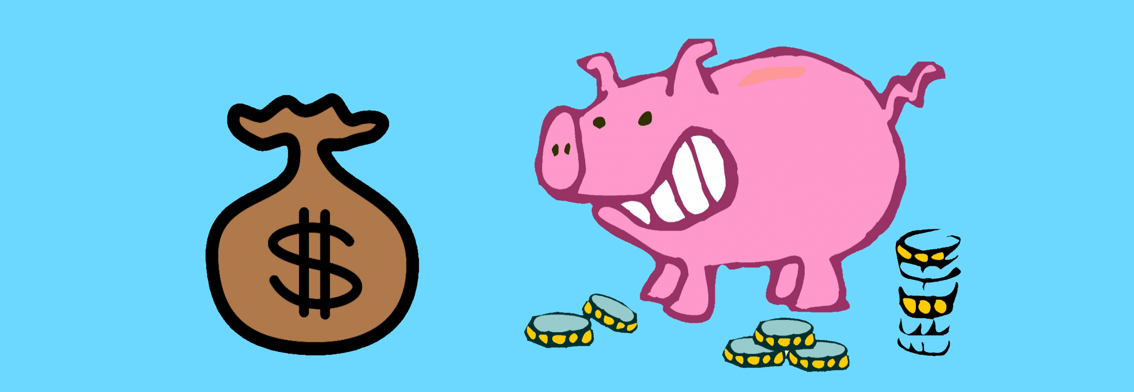 A doodle of a happy piggybank and a sac of money