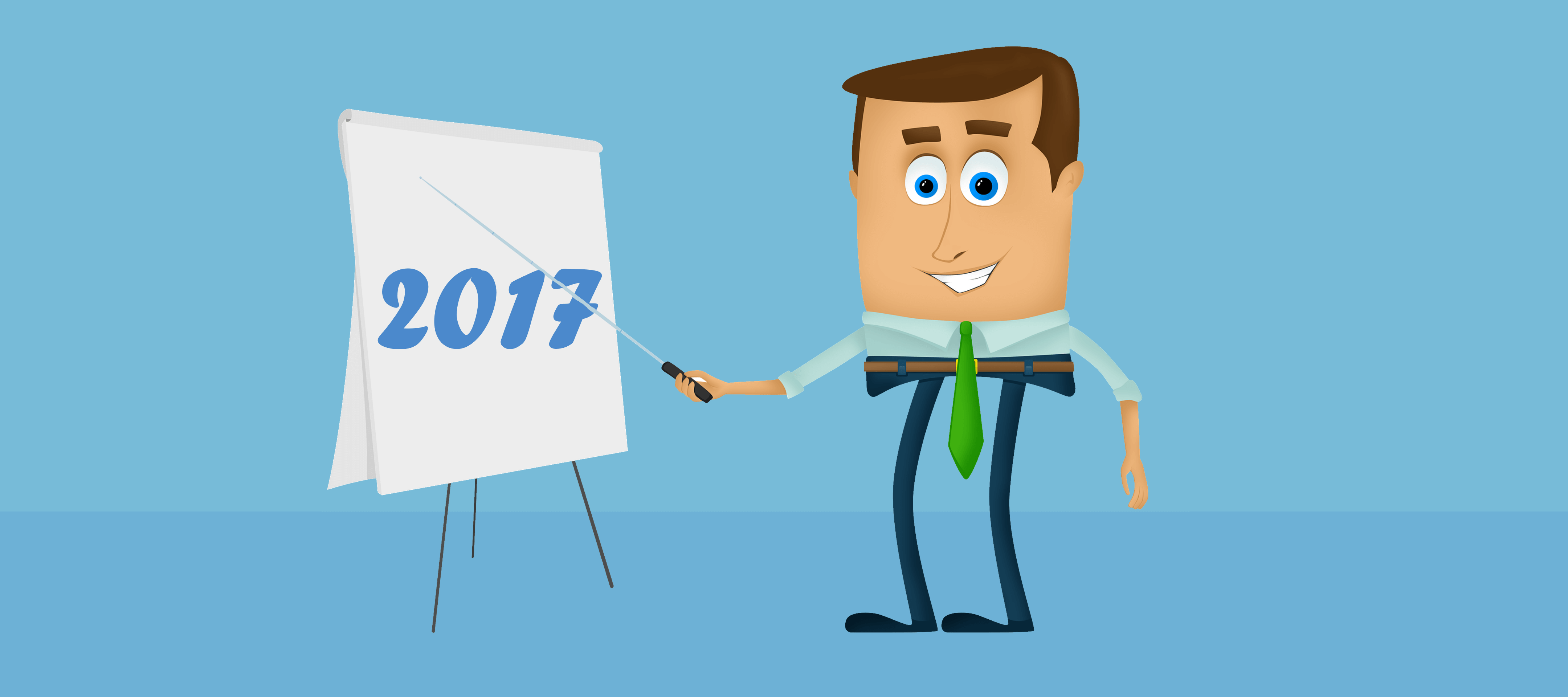 A doodle of an enthusiastic leader pointing at a board that says 2017