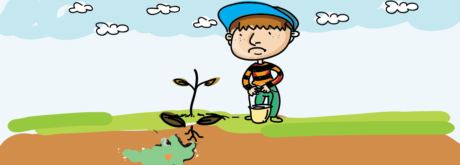 A doodle of boy looking sadly upon a his dead plant while a parasite eats it from below ground